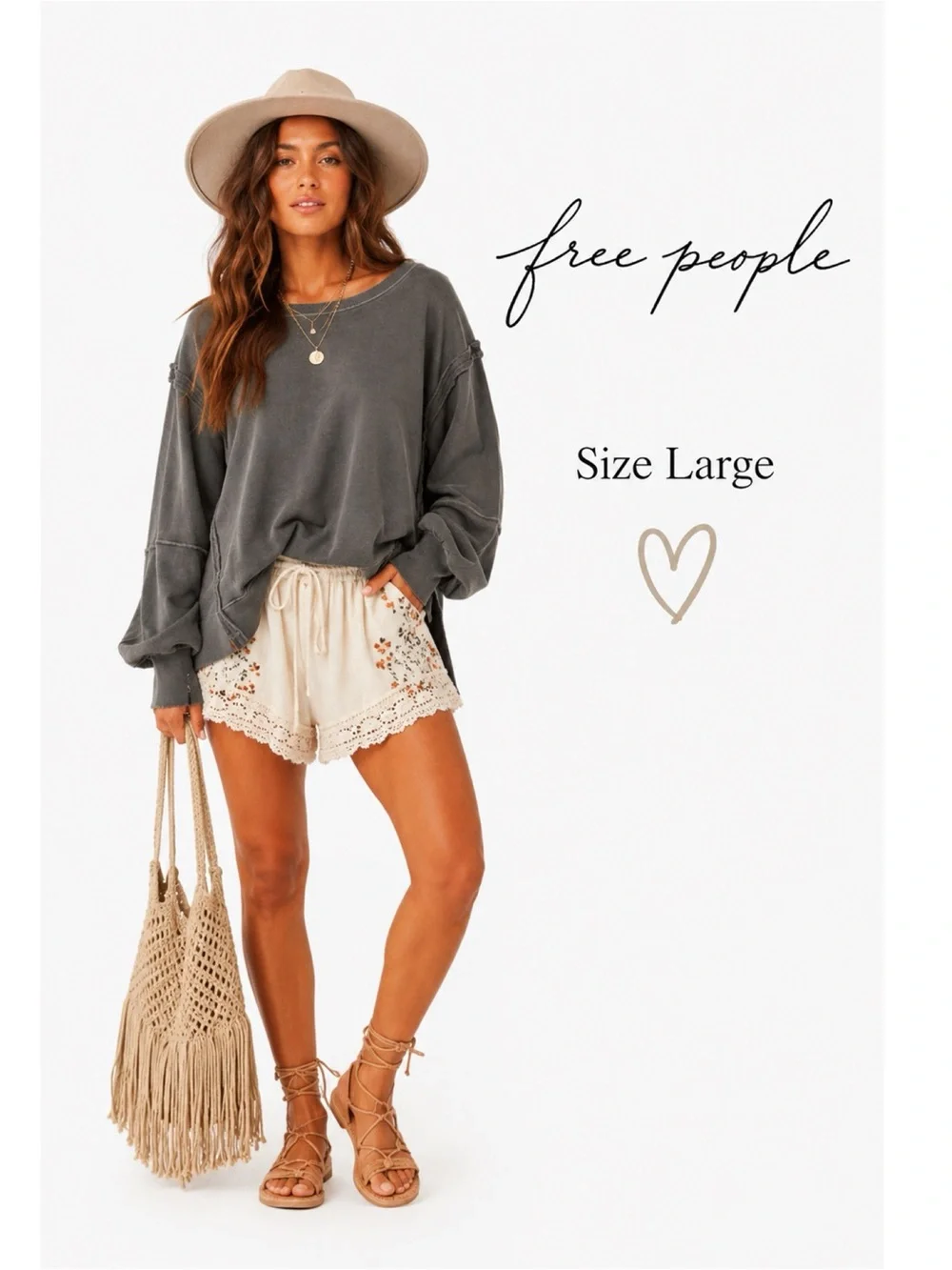 FREE PEOPLE Stone Grey Boho Oversized Crewneck Sweatshirt